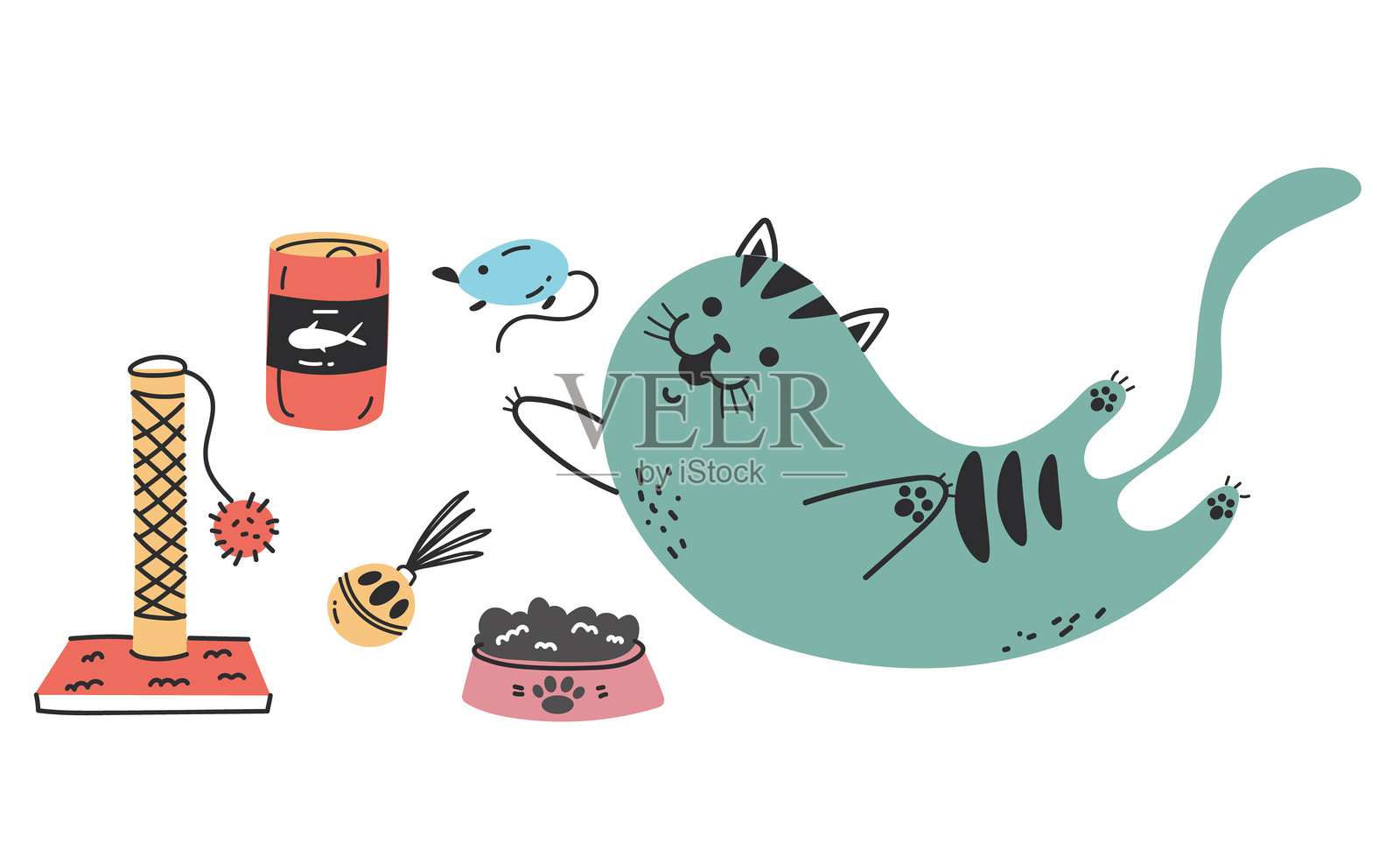 猫与宠物猫工具的隔离套件。扁平线条艺术插图插画图片素材