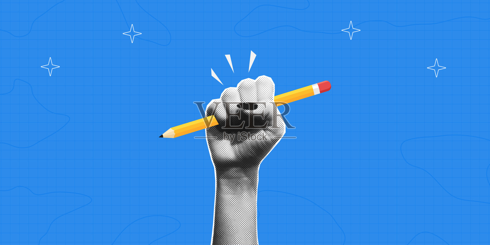 拼贴半色调手握铅笔。女性半色调手臂握着画出的铅笔。返校概念。适用于横幅、海报和社交媒体的模板。矢量图。插画图片素材