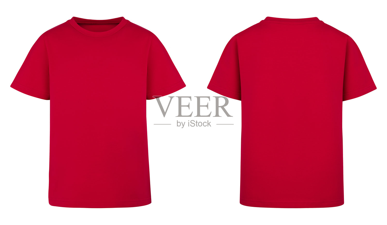 红色T恤设计，孤立在白色背景上。空白T恤模板和样机，供您使用您的标志。两件T恤的正面和背面视图，带短袖。照片摄影图片