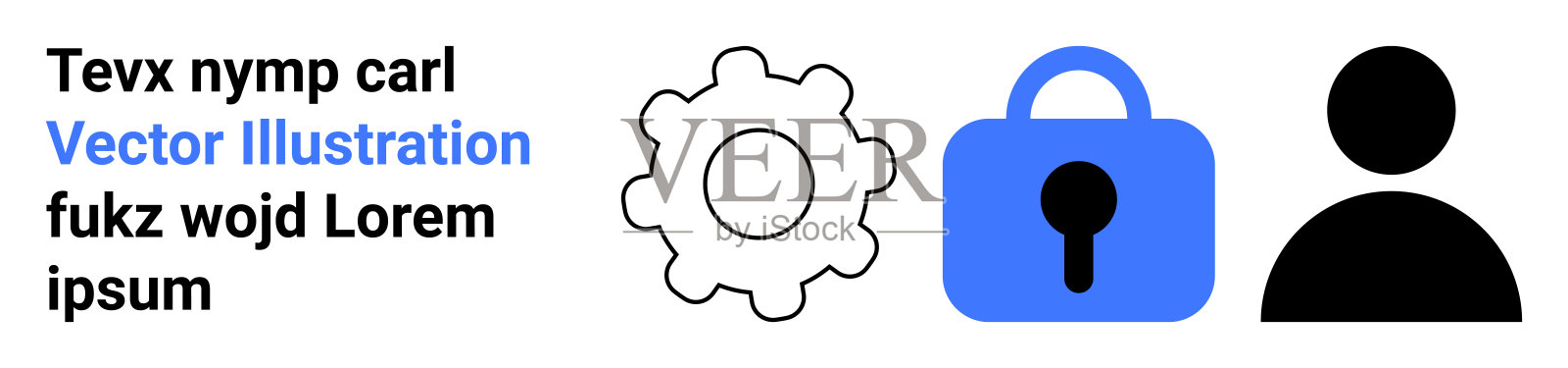 蓝色和黑色的齿轮、挂锁和人物轮廓，适用于多种应用的文字设计插画图片素材