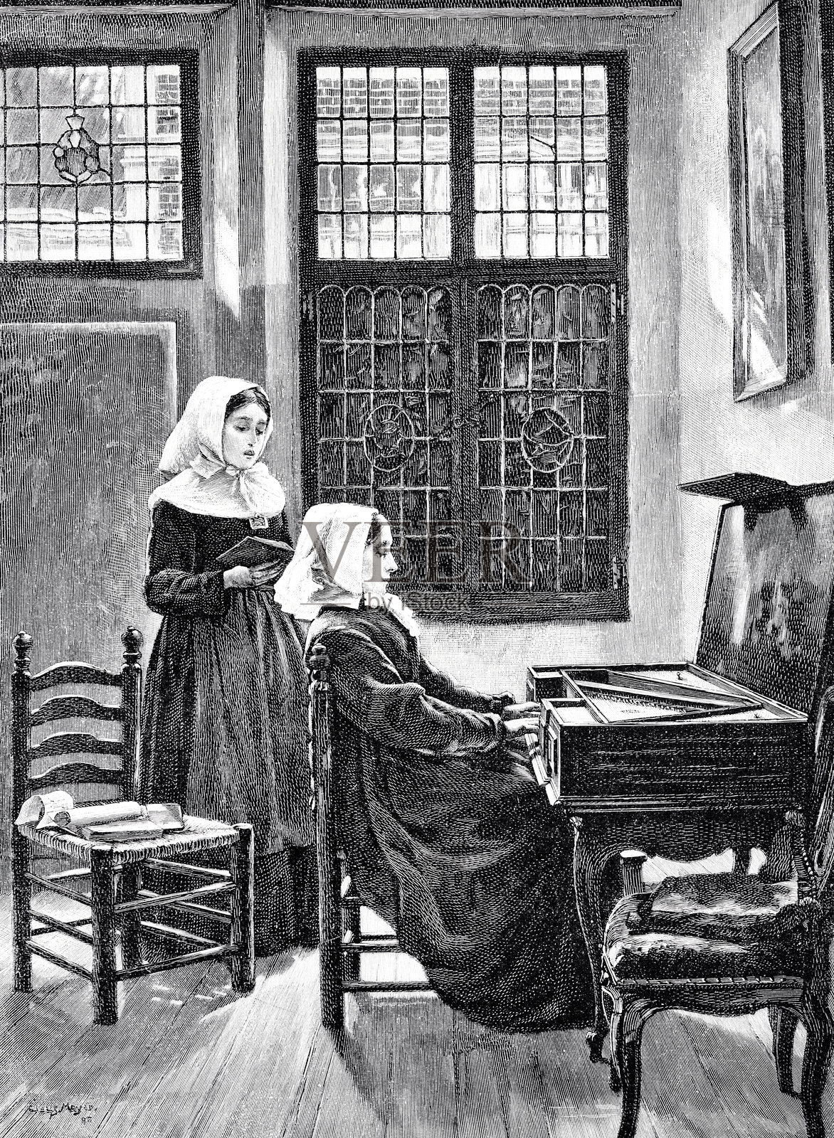 两位修女在祷告时坐在钢琴旁，一位弹奏，另一位唱歌。插画图片素材