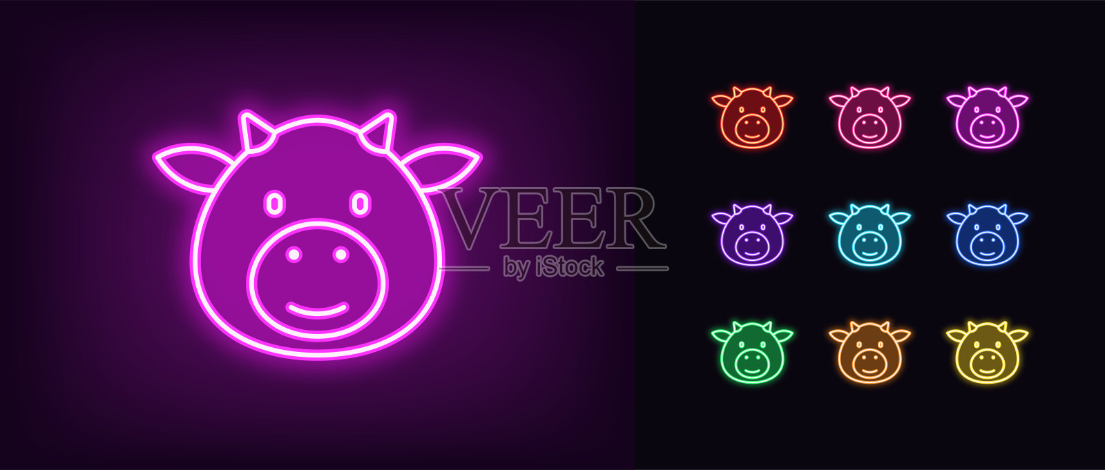 发光的霓虹可爱牛头图标，带微笑的小牛表情。卡通牛表情，牛犊头，幼牛，乳制品农场，牛奶食品，可爱动物表情符号。矢量图标集。插画图片素材
