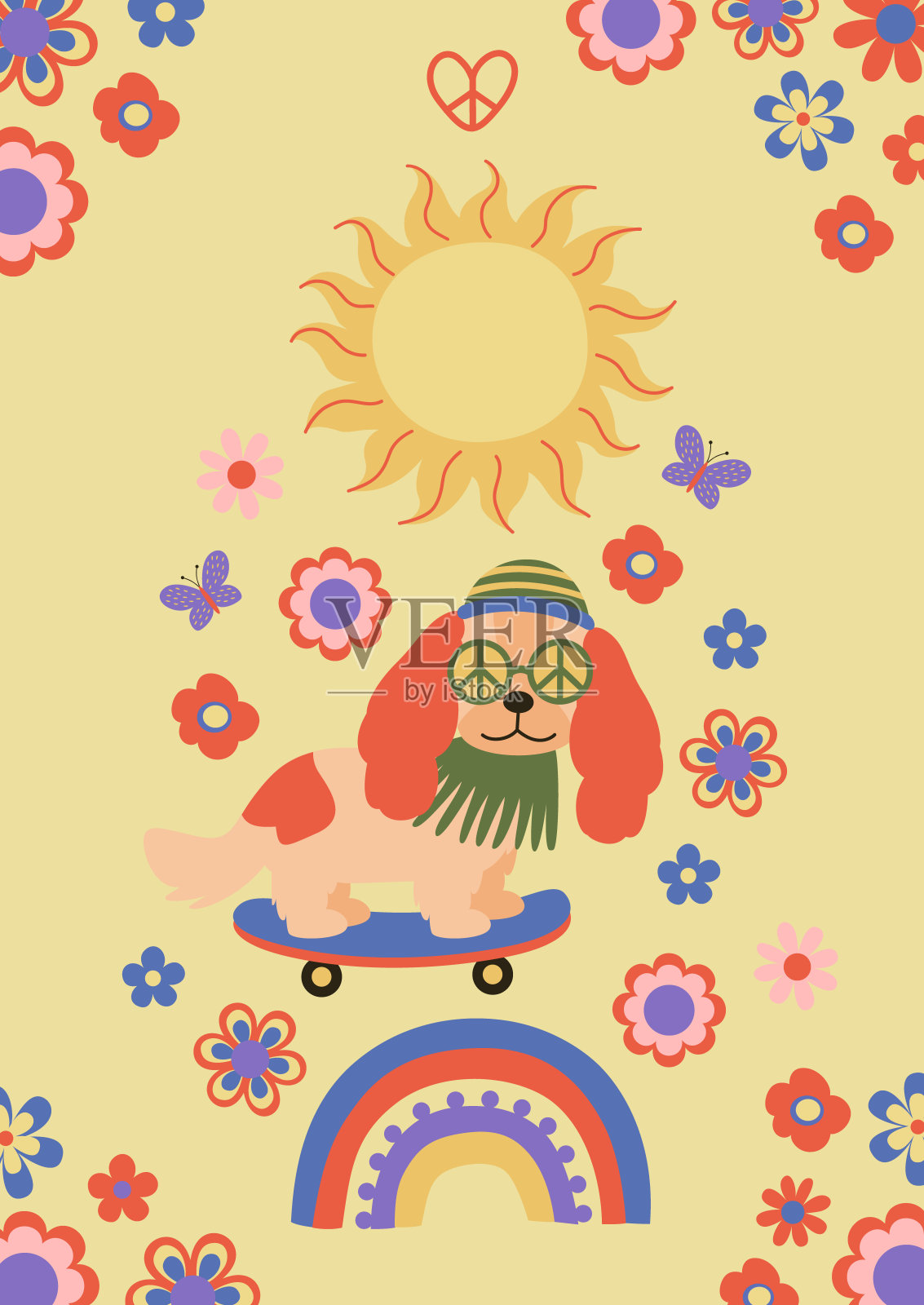 波西米亚风格的嬉皮狗，彩虹，花朵，阳光的海报插画图片素材