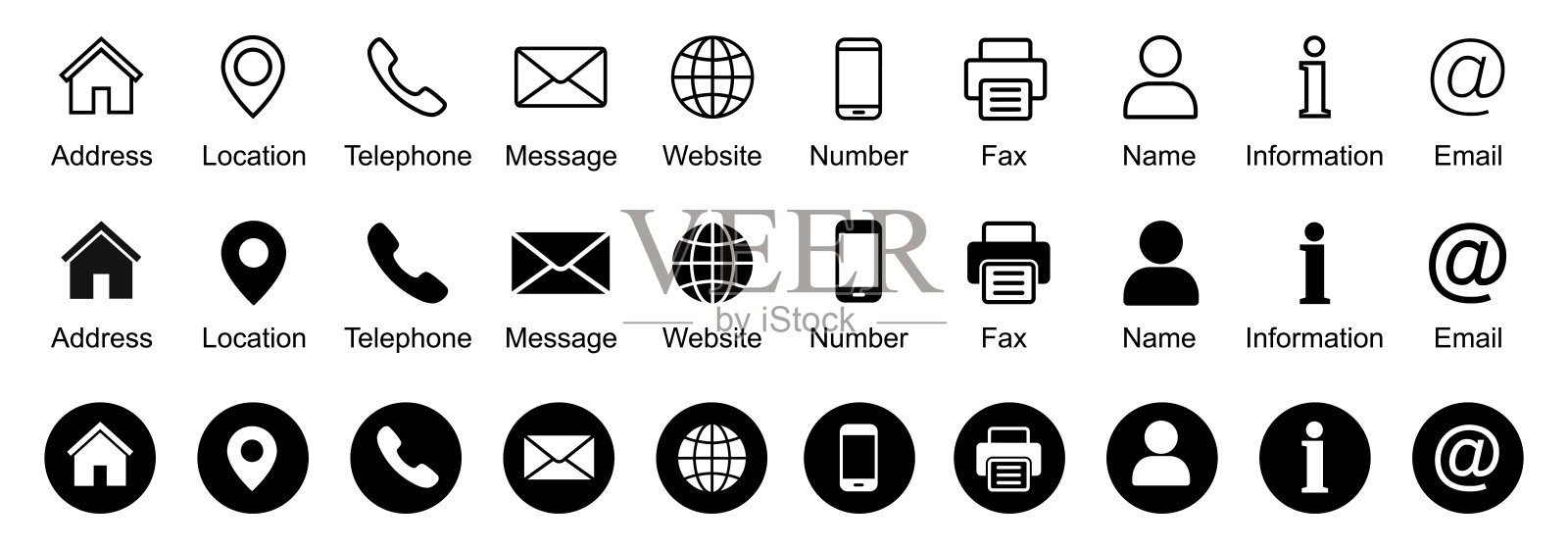 联系图标集，包括线条和实心风格的联系我们图标。网页图标集包含地址、位置、号码、传真、电子邮件、电话、网站、消息、姓名、信息图标集合，沟通联系。插画图片素材