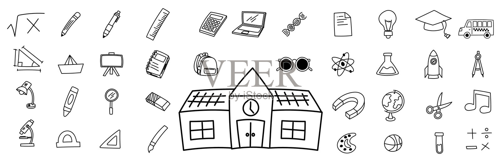 手绘涂鸦学校图标套件，开学季插画图片素材