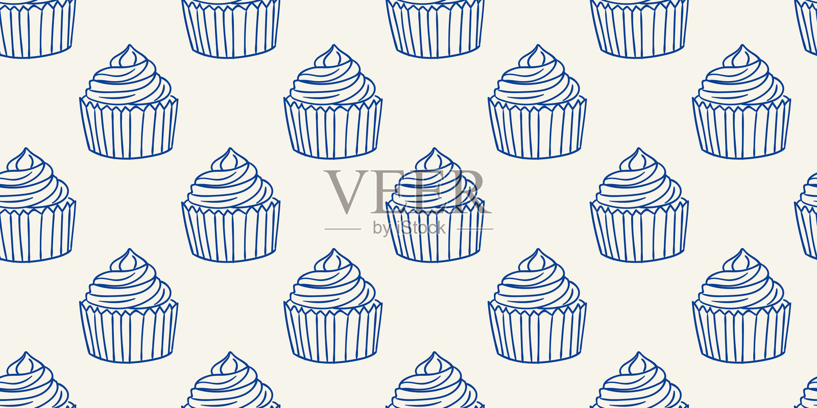 详细的蓝色线条艺术杯子蛋糕在浅色背景上呈重复图案展示插画图片素材