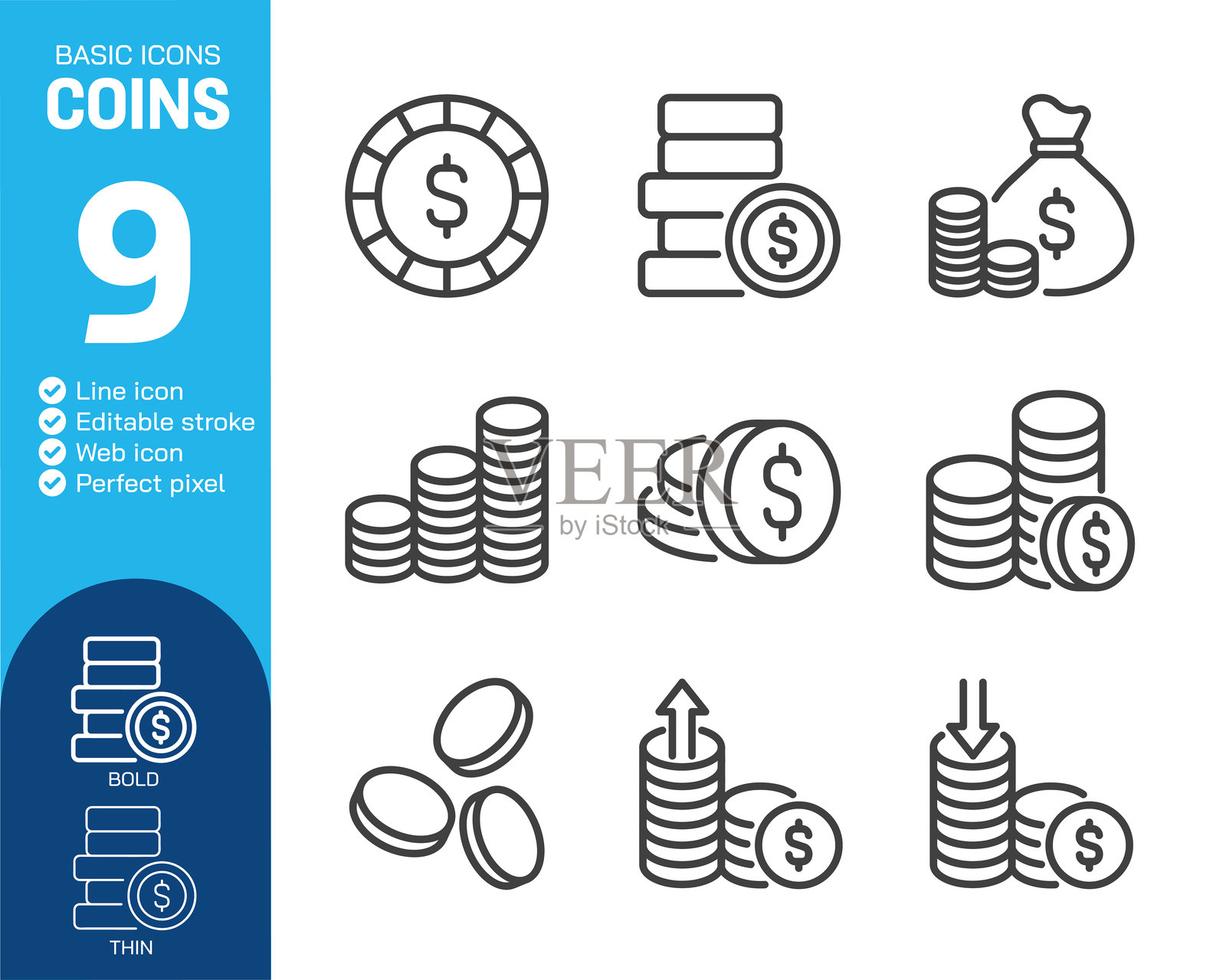 硬币细线图标集合。可编辑的线条。矢量插图。网站设计、标志、应用程序、模板、用户界面、信息图表等的基本图标。插画图片素材