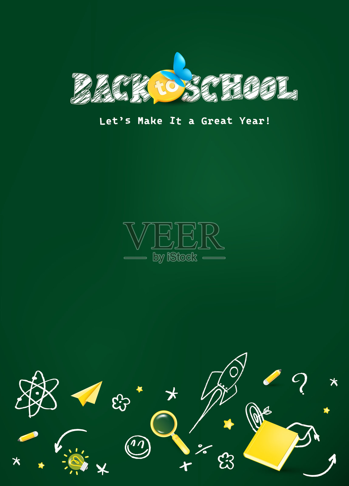 垂直的返校海报，展示黄色背包、蓝色蝴蝶和黑板涂鸦，适合教育活动和课堂推广。插画图片素材