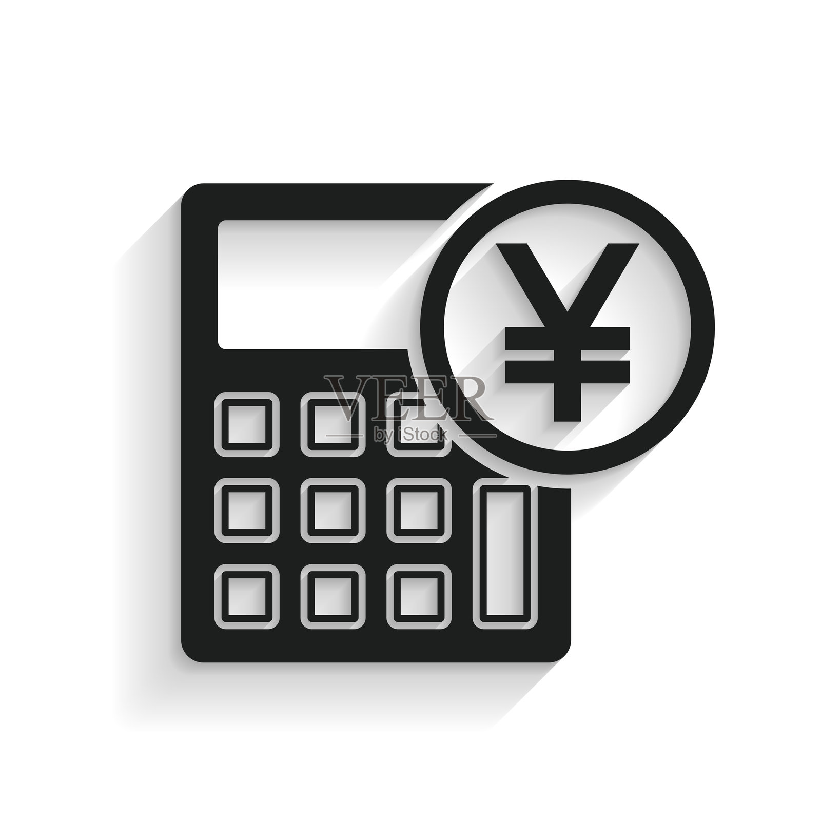 带日元符号的计算器。白色背景上的长阴影图标插画图片素材