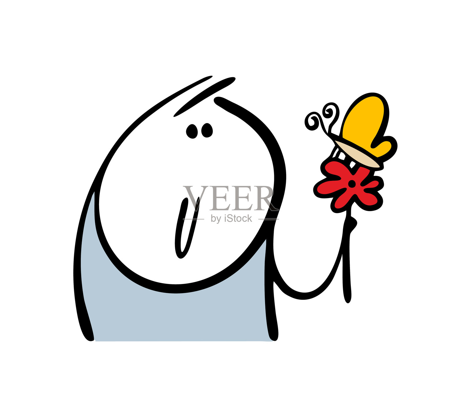 卡通火柴人感情丰富地看着花朵。蝴蝶采集花蜜的矢量插图。昆虫与植物，夏季自然。插画图片素材