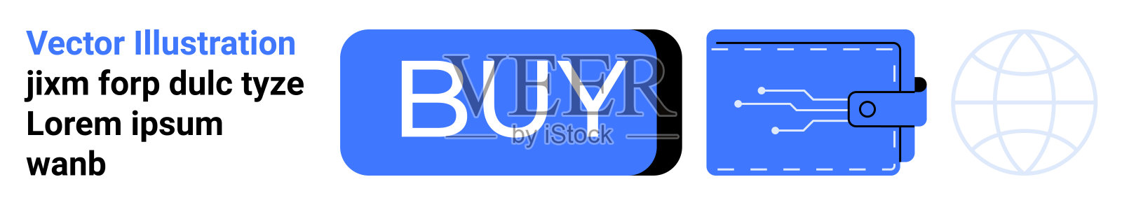 蓝色购买按钮，带有钱包和地球图标，展示在线购物和数字交易插画图片素材