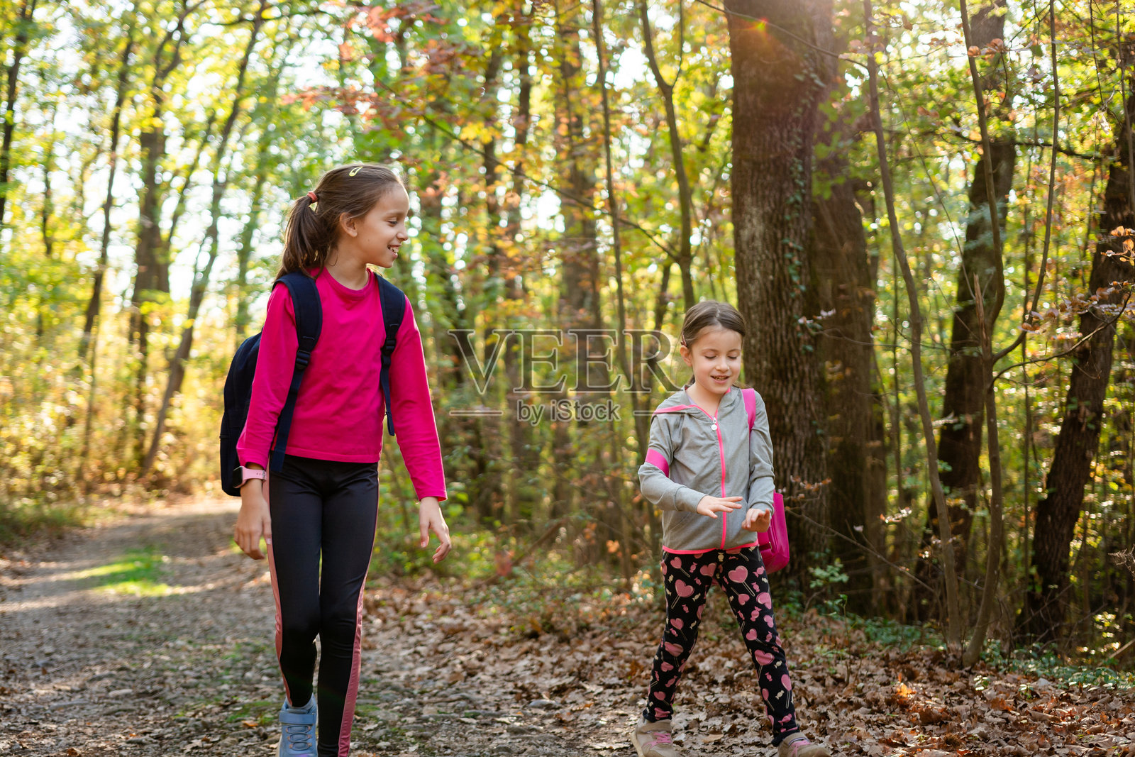 女孩们在阳光明媚的森林中玩得很开心照片摄影图片