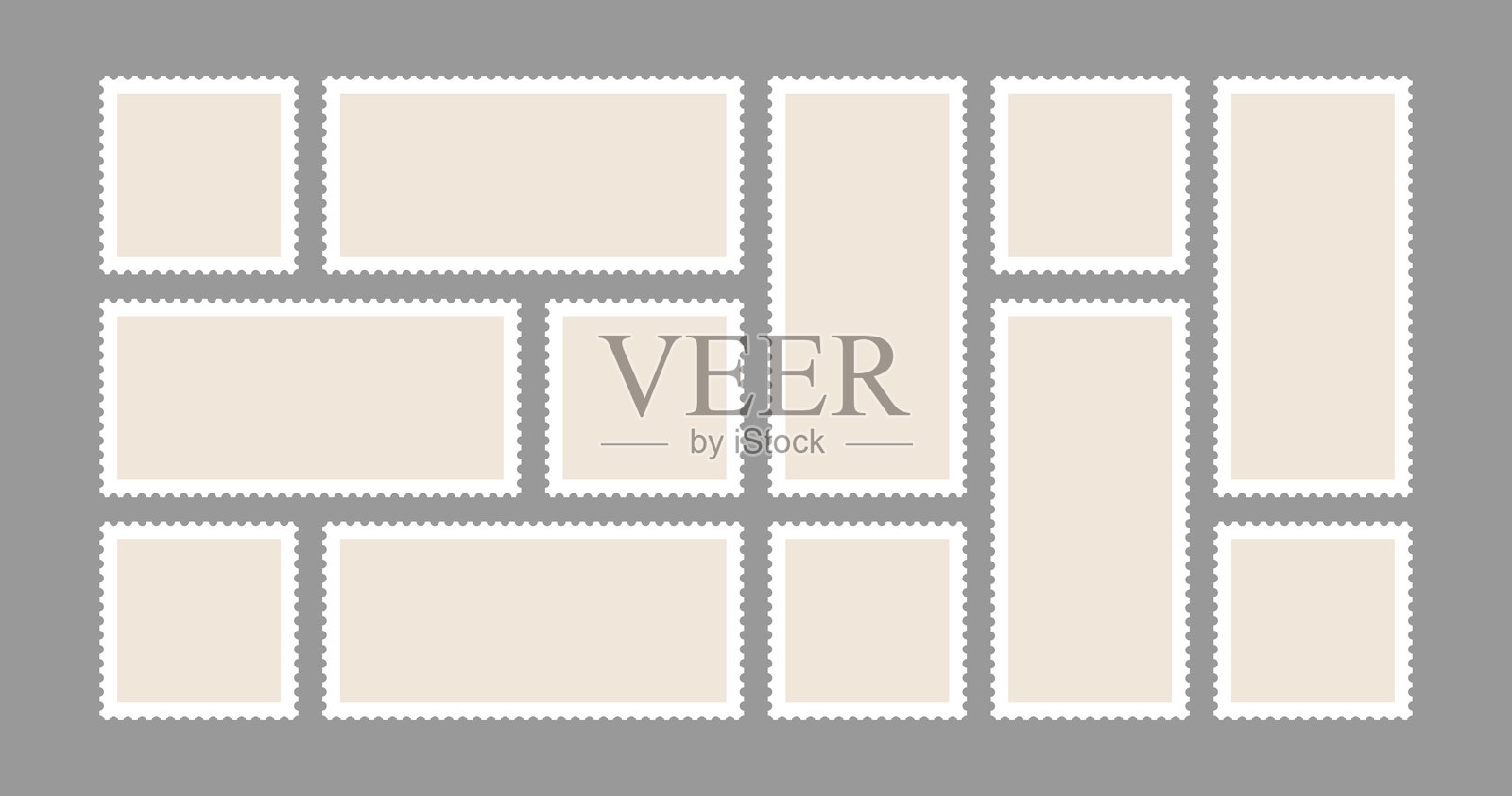 邮票矢量套件。明信片角落投递标记。带有齿孔的边框和矩形方形标签。剪贴簿旅行贴纸，复古邮件信封封印。复古运输包裹邮资剪贴画。插画图片素材