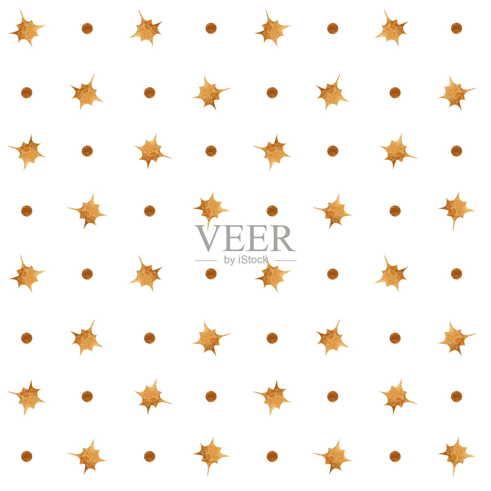 魔幻圣诞金色星星和圆形彩纸屑无缝水彩图案，独立于白色背景。适用于婚礼邀请、节日活动装饰和家居纺织品的圣诞装饰元素。插画图片素材