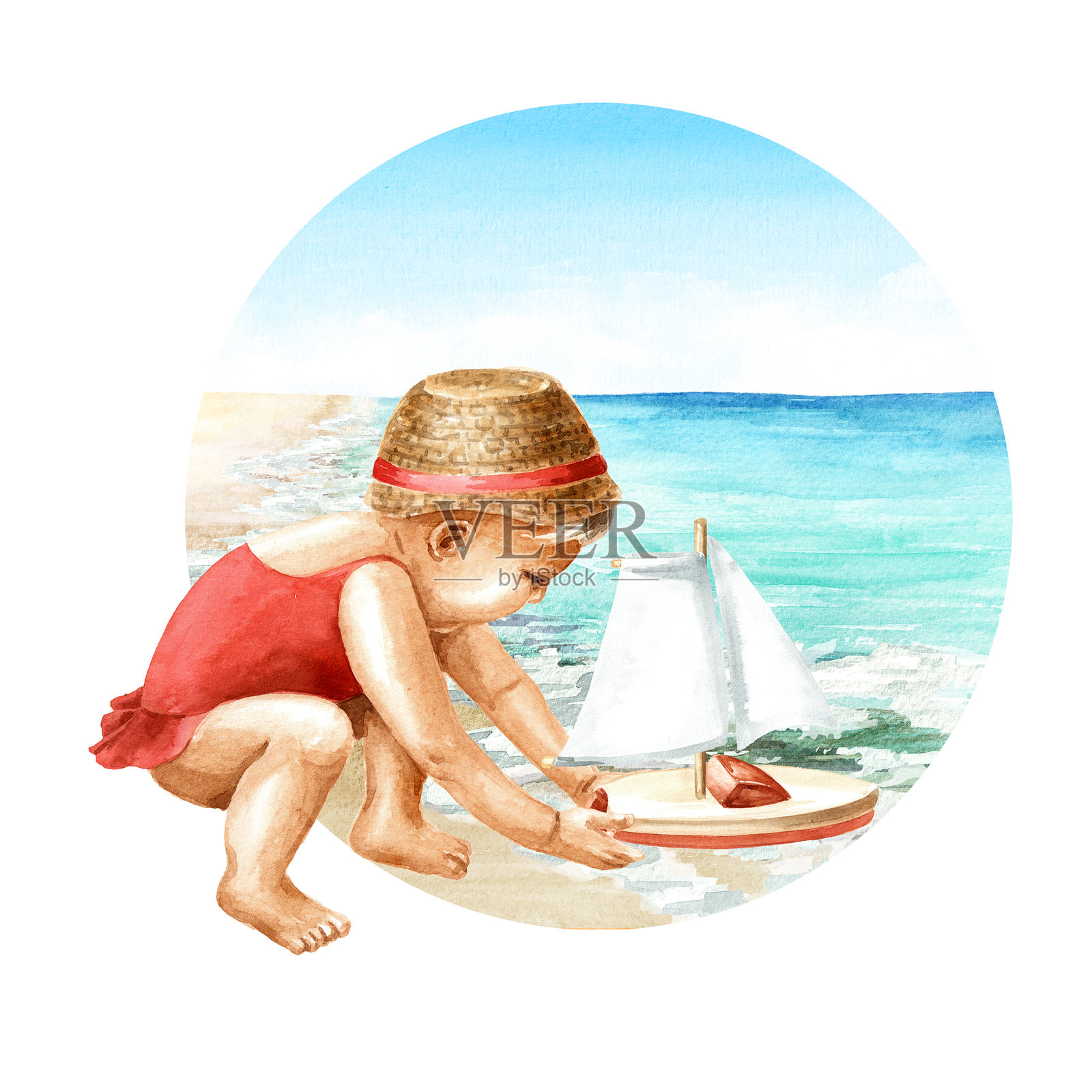 可爱的小女孩在海滩上玩玩具游艇。手绘水彩插图，背景为白色。插画图片素材