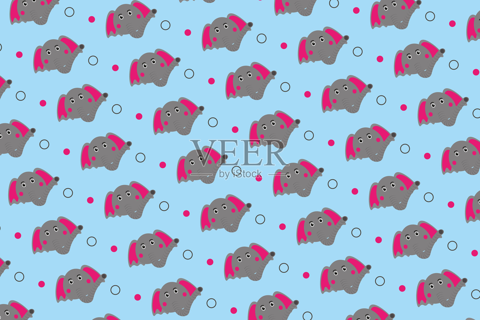 大象面孔无缝图案。可爱的动物角色印刷。库存插图插画图片素材