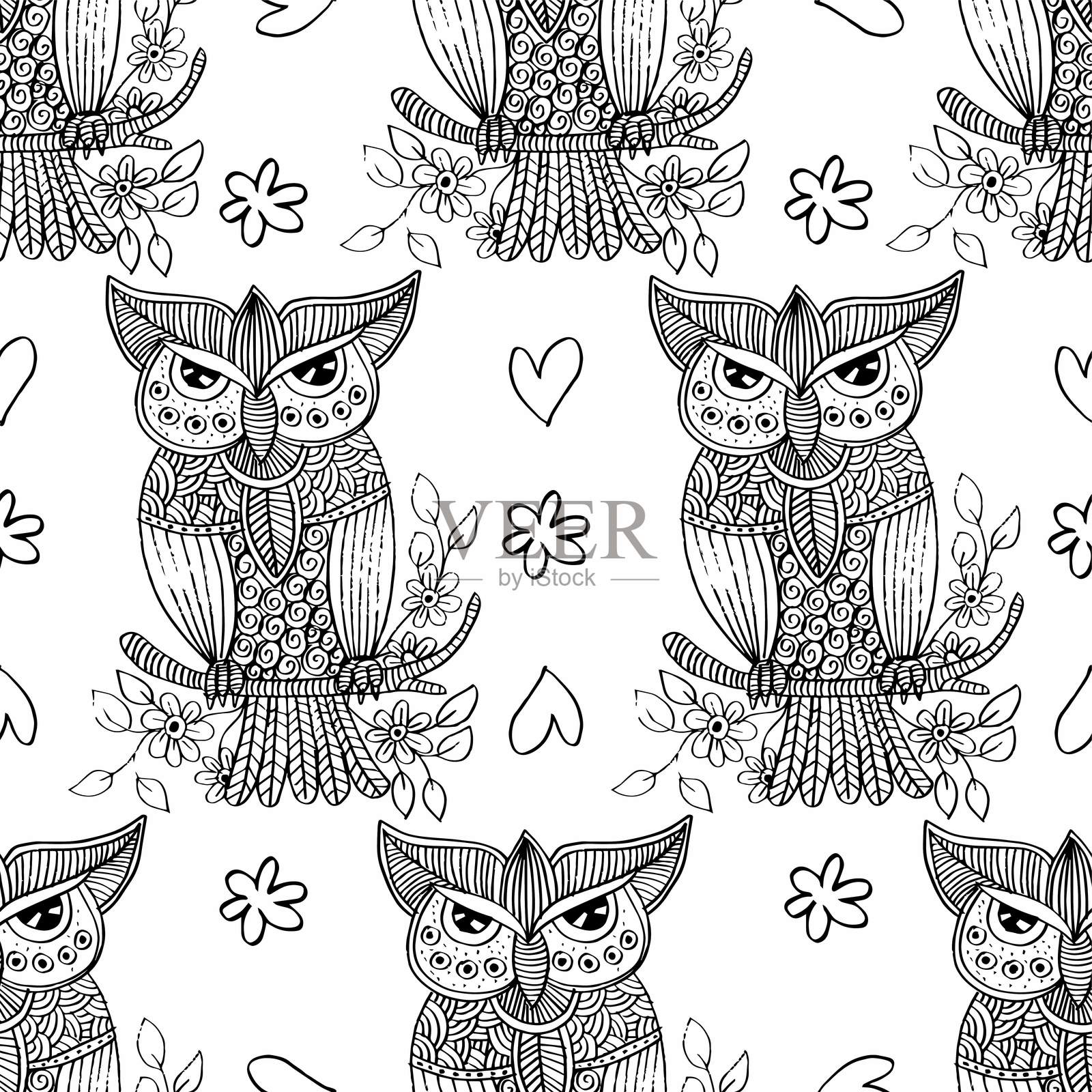 装饰性猫头鹰与花卉插图插画图片素材