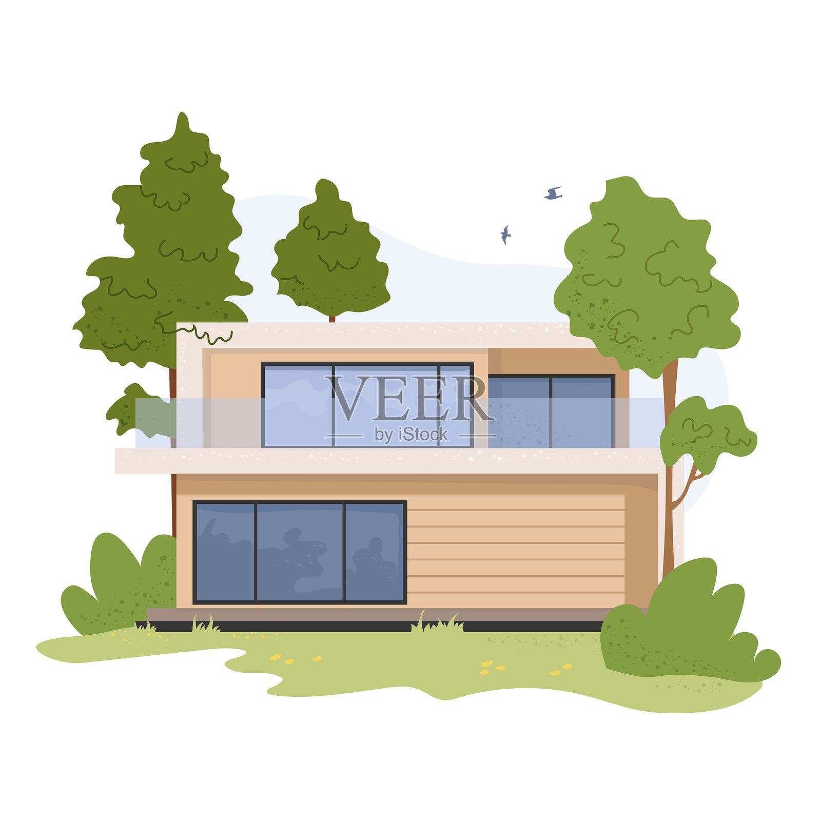 现代露营房屋，平屋顶，带全景窗户和木质外立面，周围环绕着绿色树木。时尚的模块化生态家园，适合森林中的舒适户外休闲概念。平面矢量插图。插画图片素材