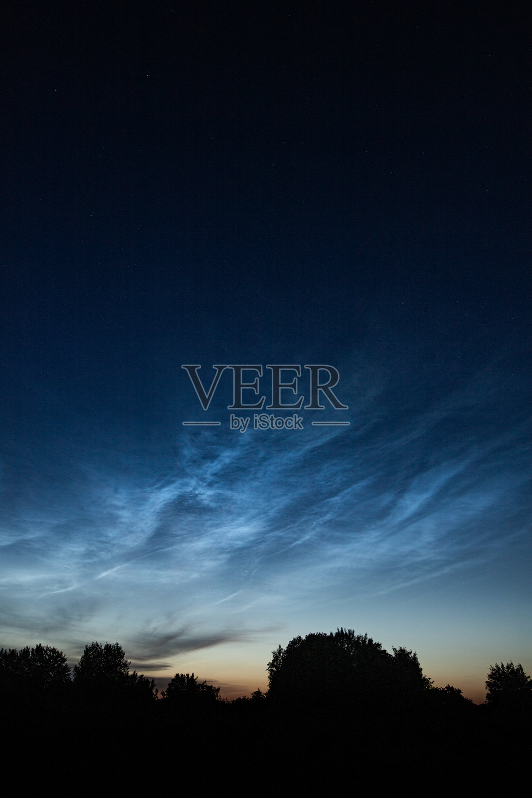 黄昏时分，夜光云在树木剪影上方照片摄影图片
