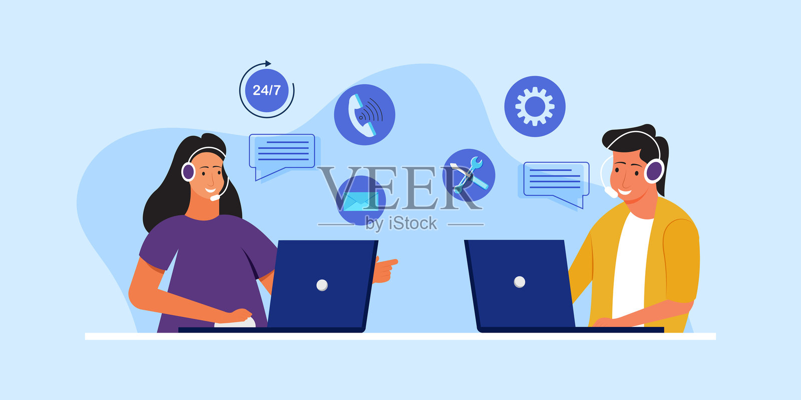 在线客户服务。佩戴耳机和麦克风的热线客服为客户提供建议。呼叫中心，客户支持。插画图片素材