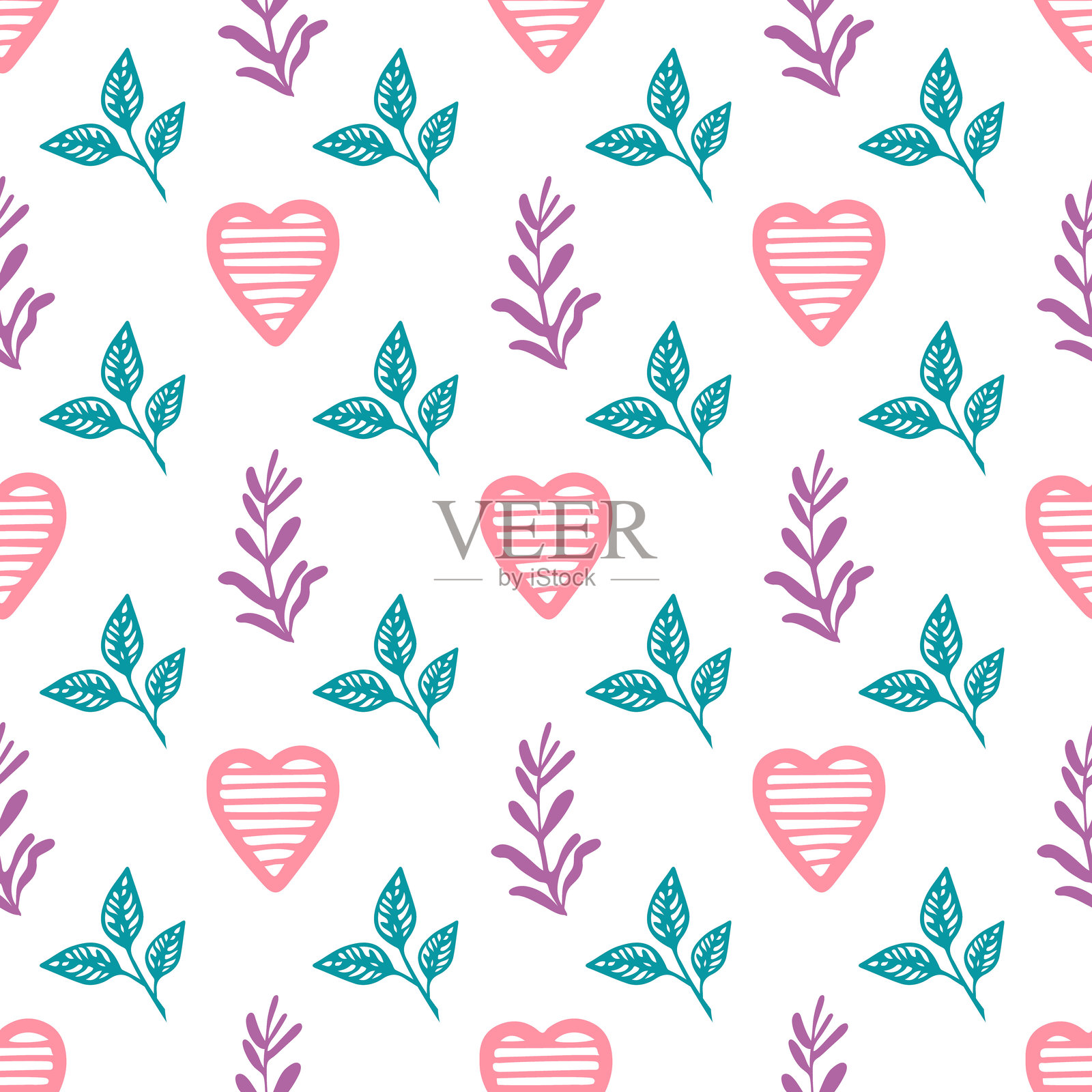 无缝图案，包含矢量叶子和心形图案插画图片素材