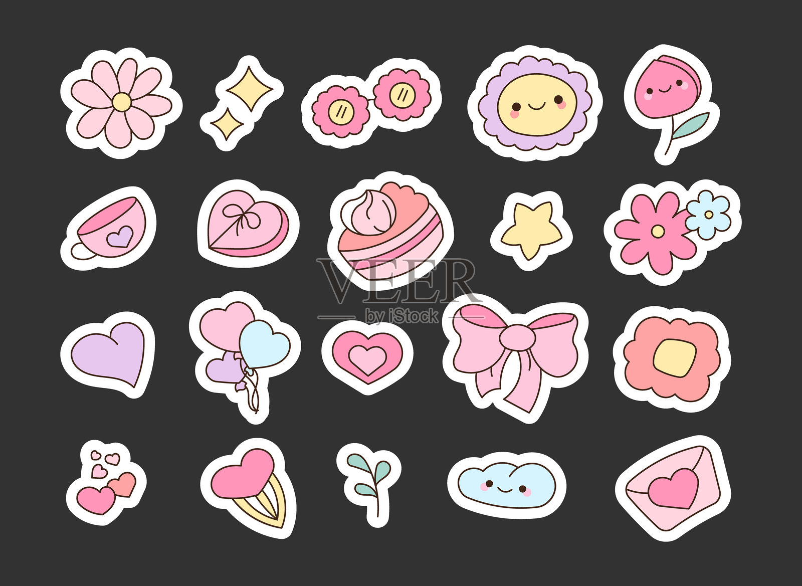 可爱的装饰性卡通设计元素，包括心形、花朵、星星、蛋糕、蝴蝶结、气球、礼物、信封、云朵、闪光和图标插画图片素材