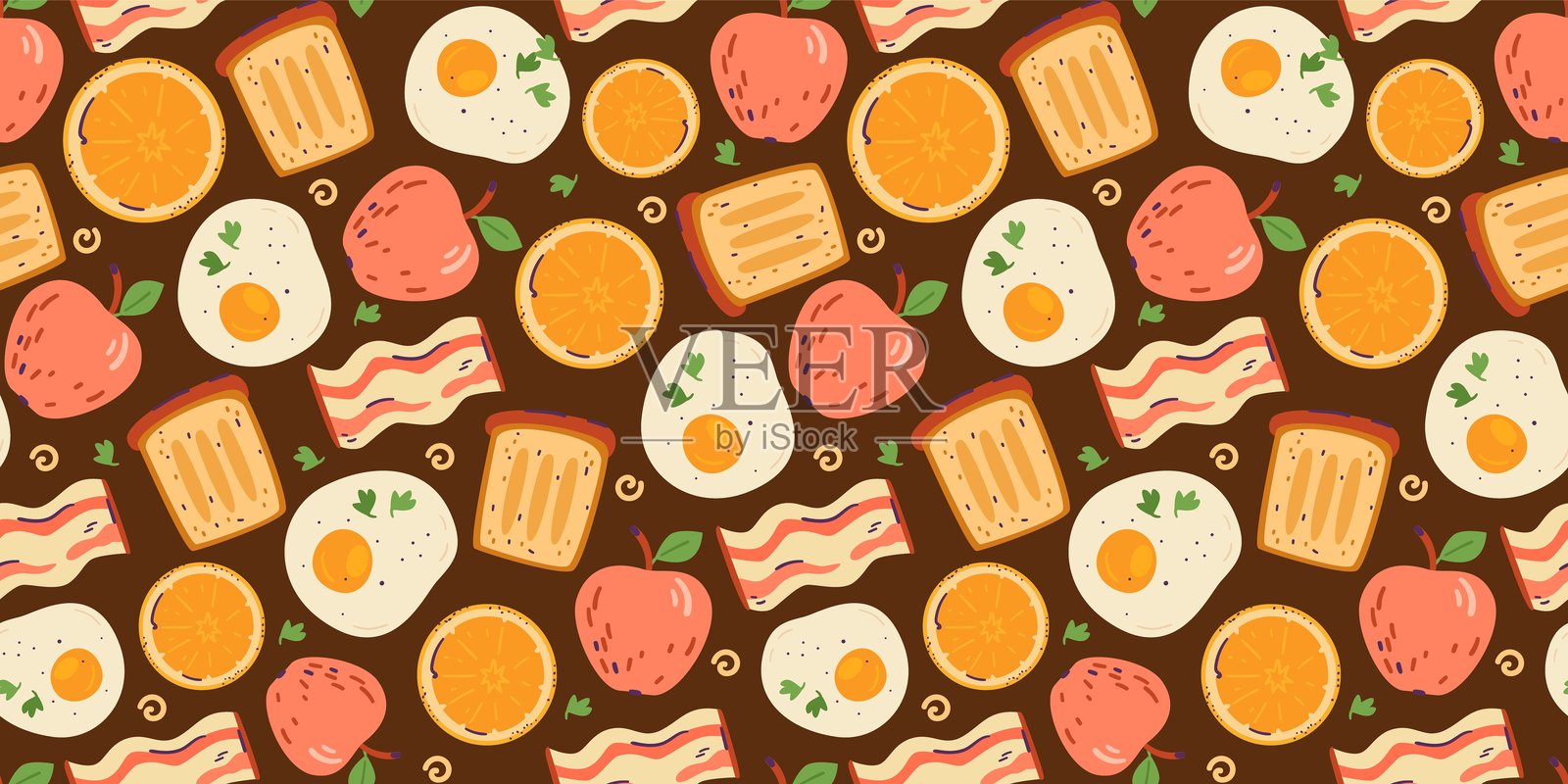 美味早餐矢量无缝图案，包含煎蛋、培根、吐司、苹果和橙子片的涂鸦插图。插画图片素材