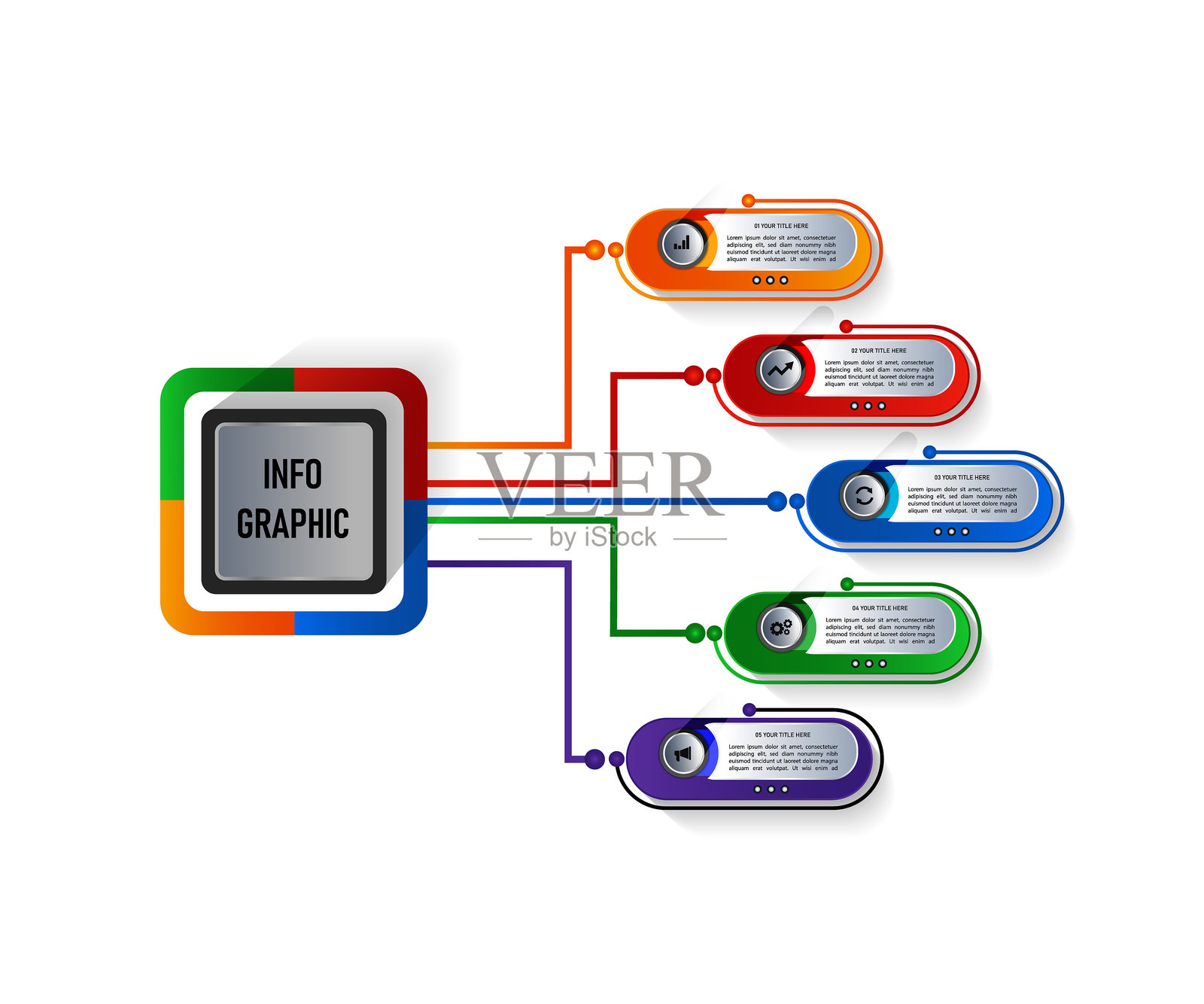 五种选项的信息图模板设计，适用于流程图、演示文稿、工作流程布局、横幅、流程图和信息图。插画图片素材