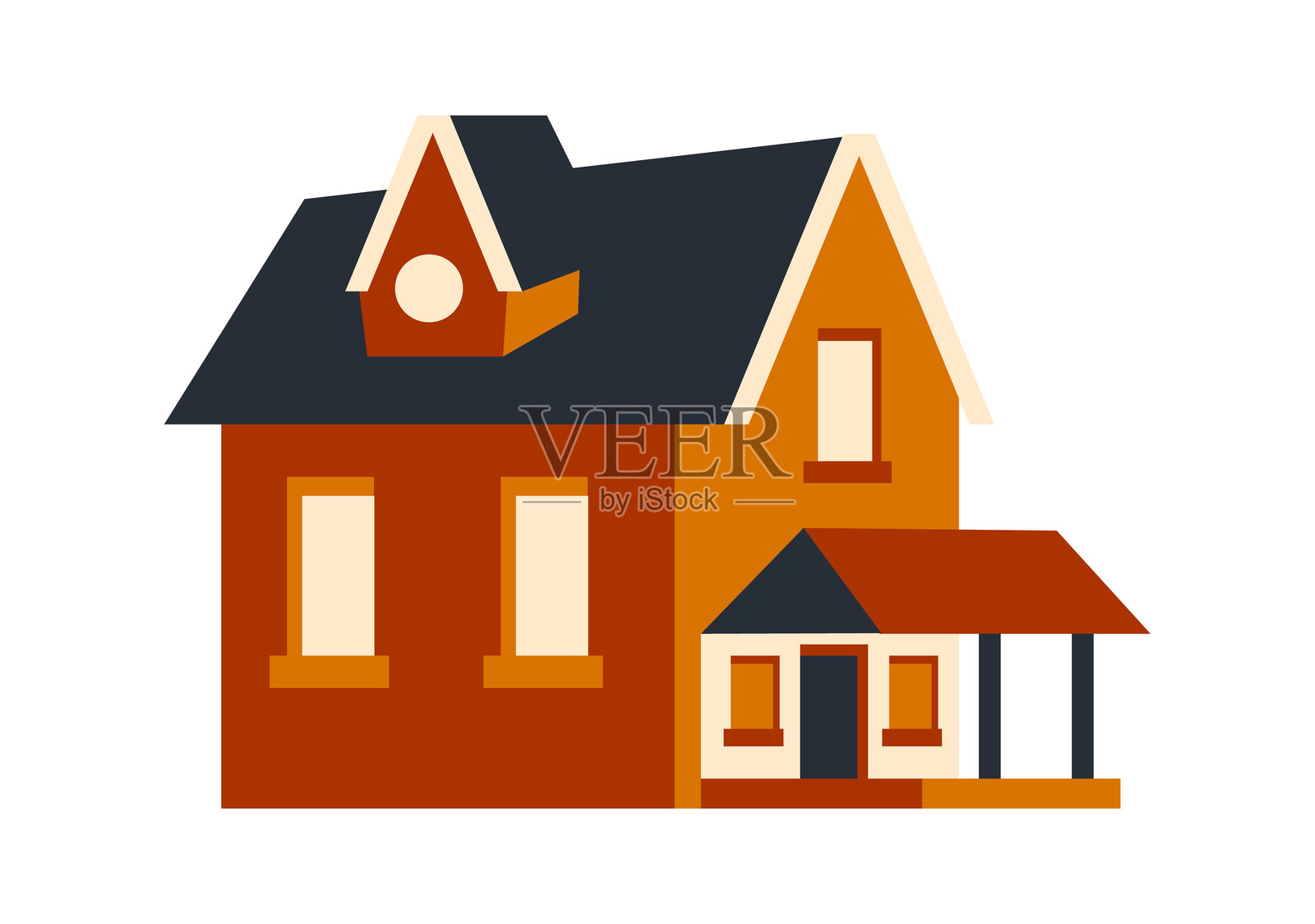 迷人的橙色房子，带有门廊和天窗插画图片素材