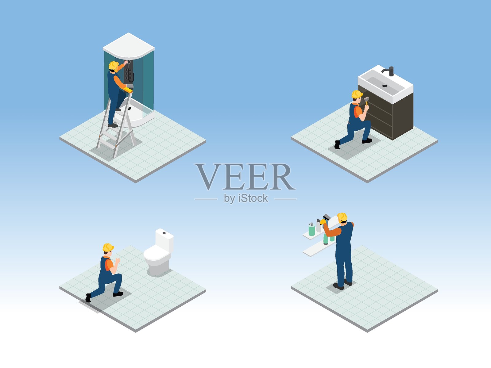 四名工人在浴室环境中进行四项不同的管道工作：安装淋浴间、修理水槽、维修马桶和安装架子。插画图片素材