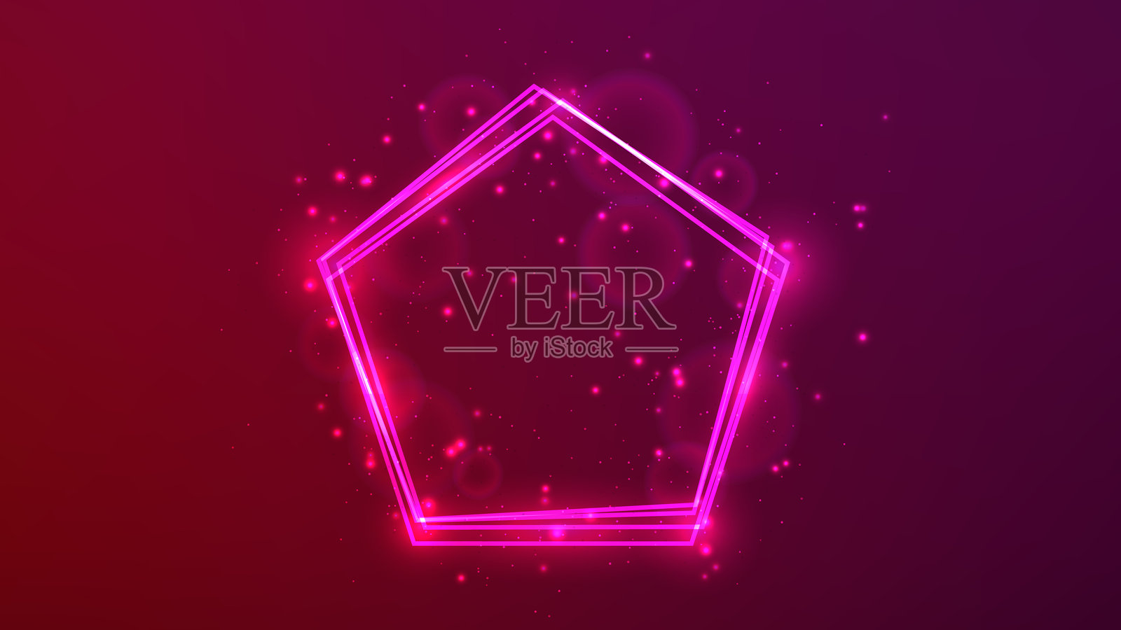 五边形形状的霓虹框架，带有闪光效果和星星点点的光芒插画图片素材