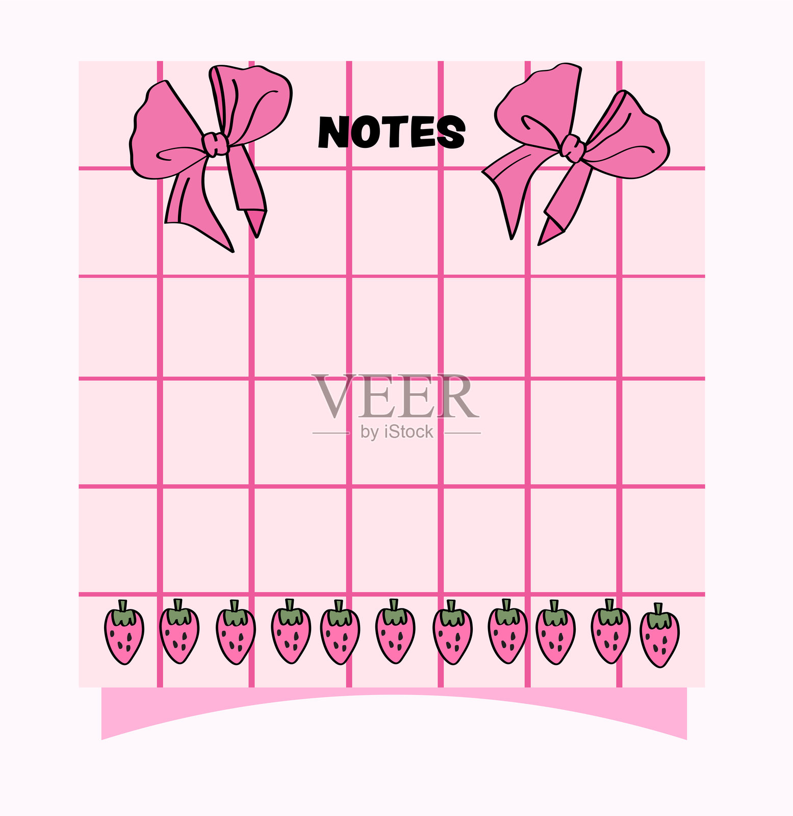 粉色丝带蝴蝶结和草莓主题的备忘录模板。插画图片素材