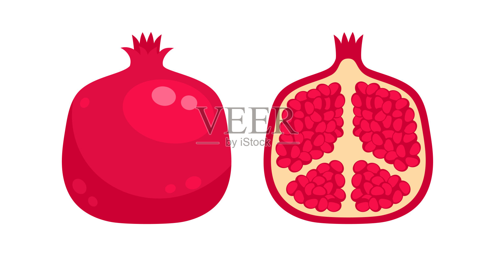 完整和切半的成熟石榴果实，带有种子插画图片素材