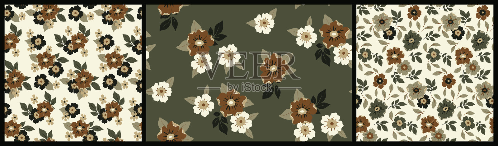 无缝花卉图案，装饰艺术小花印花，复古民俗风格。小花、大花和棕色叶子。矢量插图。插画图片素材