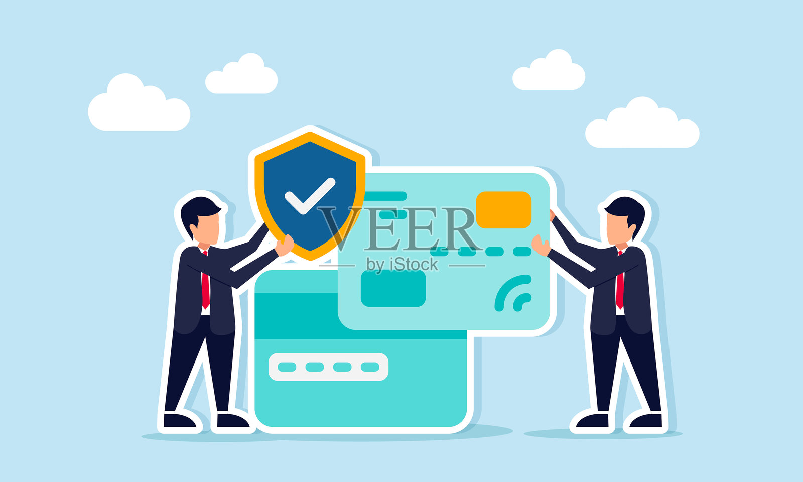 商人手持借记卡或信用卡，旁边放着其他卡片，另一位商人则举着带有勾号的盾牌，展示安全的无现金交易插图插画图片素材