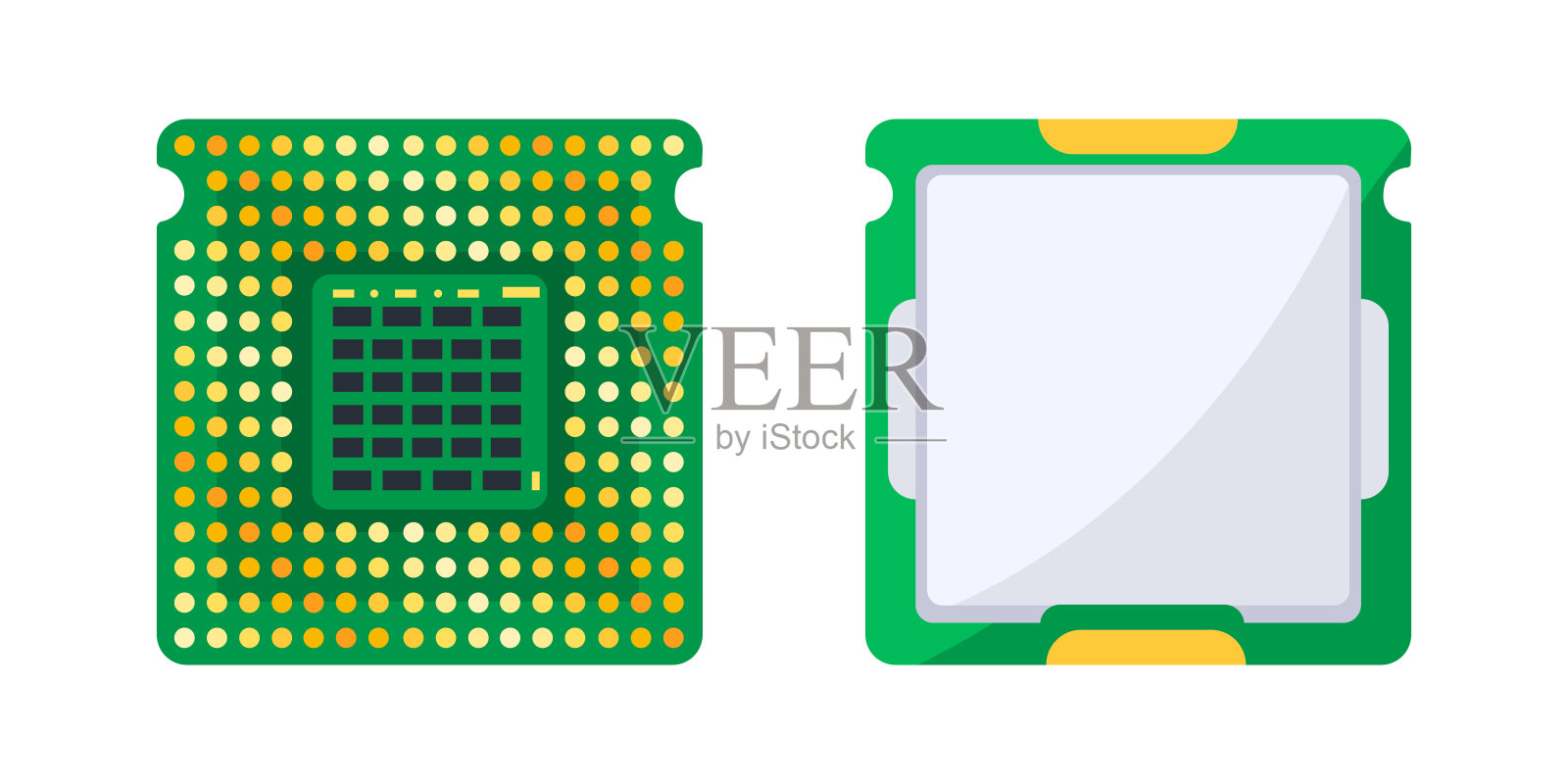 中央处理器的正面和背面视图，孤立在白色背景上插画图片素材