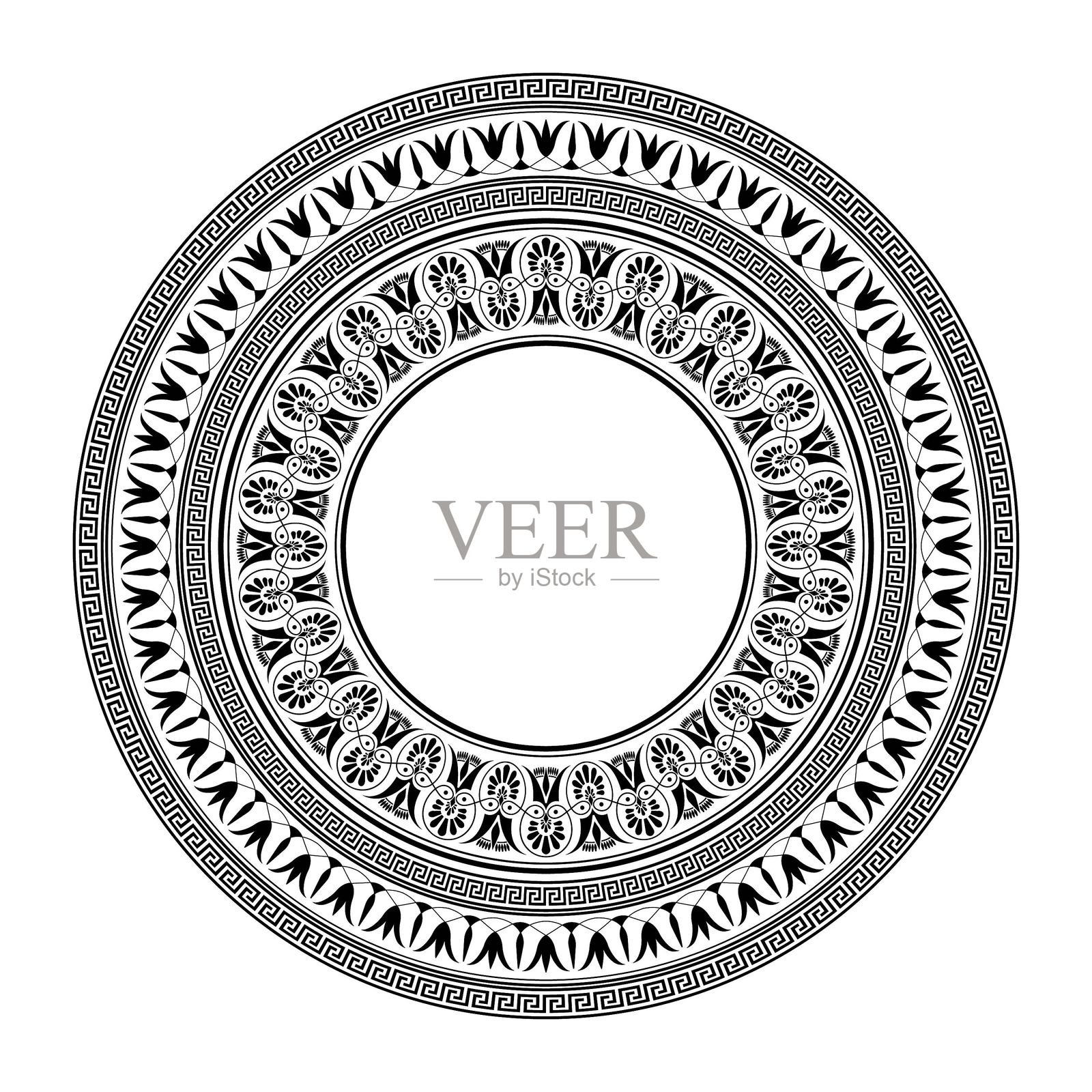 圆形单色经典框架。希腊花卉回纹。希腊、古罗马的图案。圆形欧洲边框。圆形古董边框。典型的埃及、亚述、希腊和中国元素。插画图片素材
