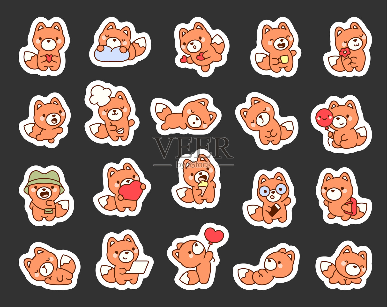 可爱的狐狸卡通角色，展现情感和动作，适用于可爱生活方式、教育、季节性食物和节日插图，采用卡哇伊轮廓矢量风格。插画图片素材