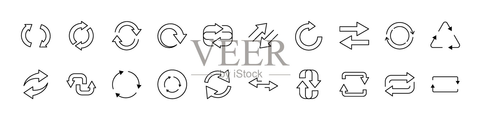 箭头圆形细线图标集。图形和网页设计、应用程序、广告、各种卡片的轮廓符号插画图片素材