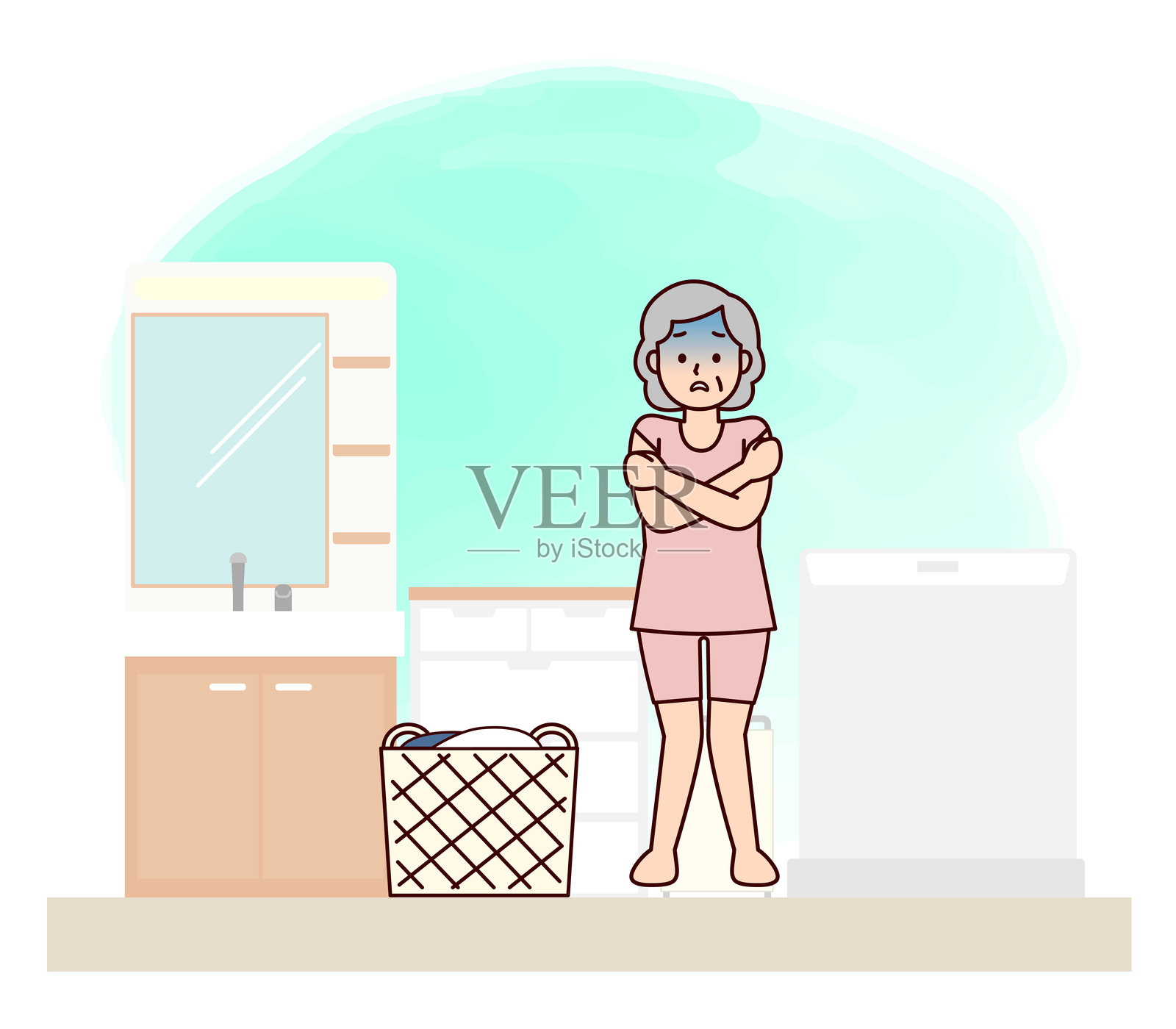 在寒冷的更衣室里颤抖的老妇人插画图片素材