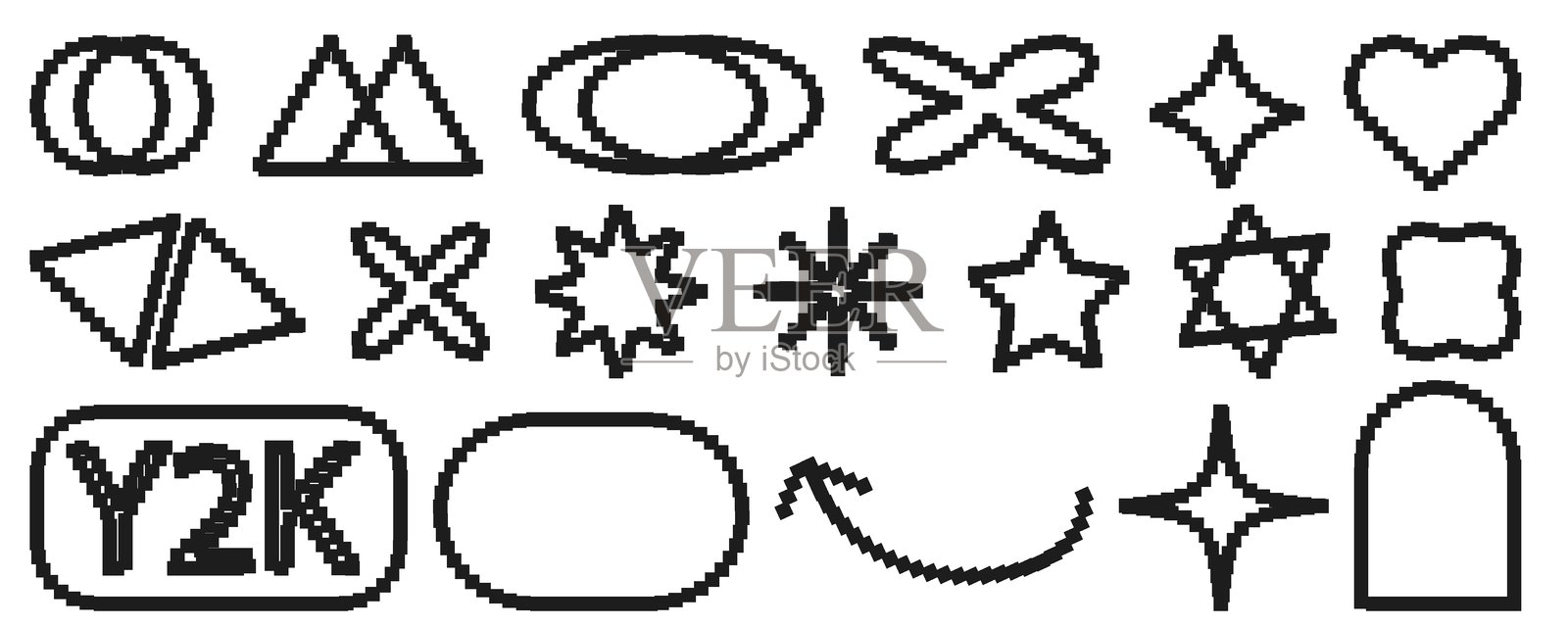 Y2K像素形状集合。像素图形资产包，包含时尚的白色位图几何形状。非常适合用于贴纸、海报、拼贴和设计模板。透明背景上的矢量元素。插画图片素材