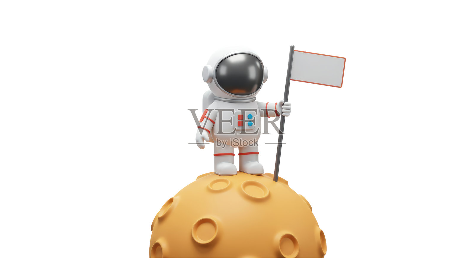孤立的卡通宇航员在橙色星球上举着旗帜照片摄影图片