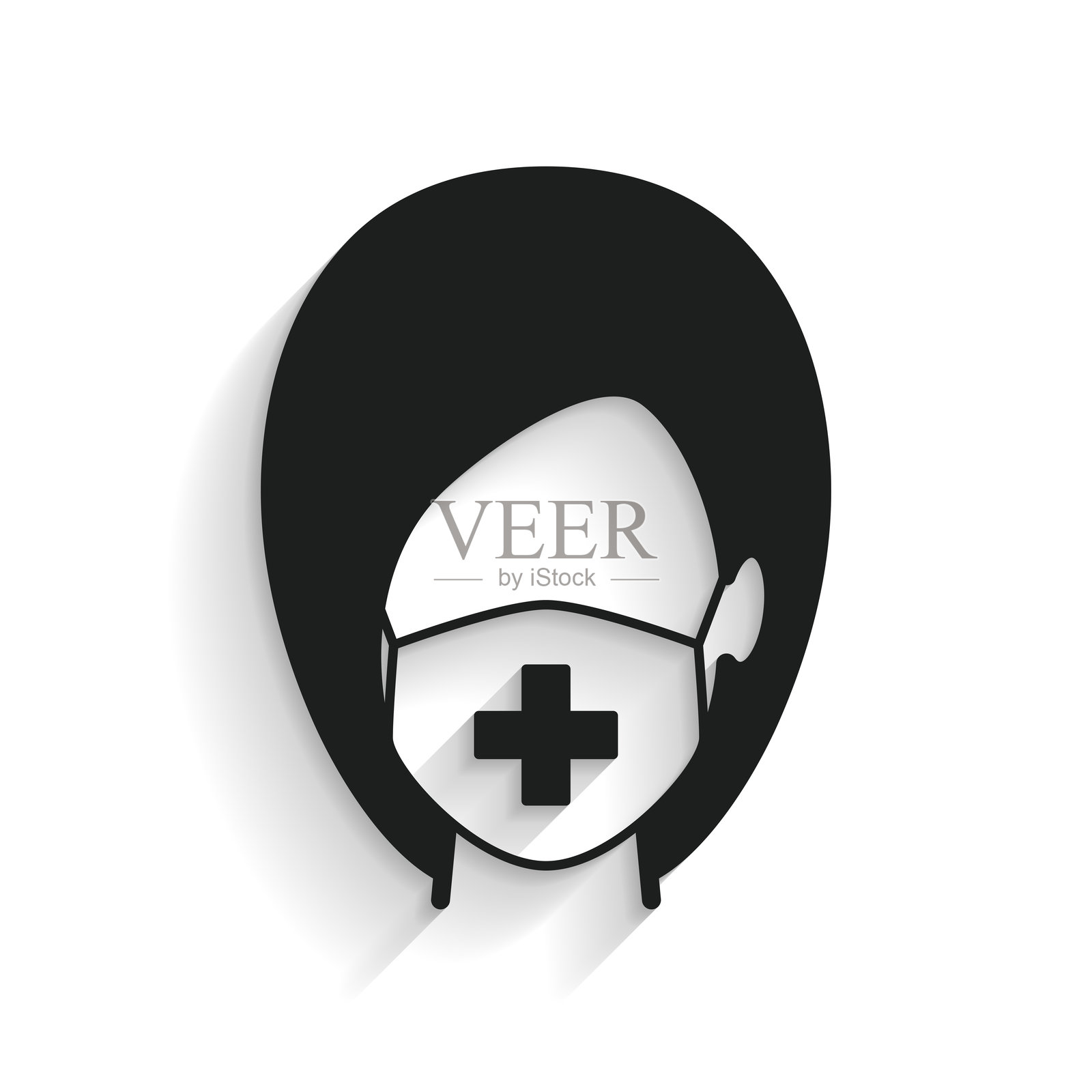 佩戴医疗口罩的女性。带有长阴影的图标，背景为白色。插画图片素材