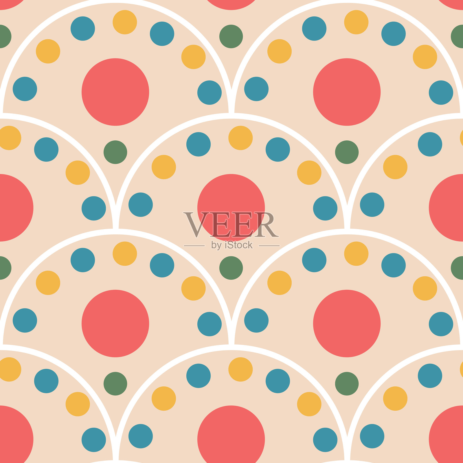 波点无缝图案。圆形波浪状彩纸屑无尽背景。复古生日圆形元素重复封面。色彩斑斓的混乱斑点连续装饰。矢量插图插画图片素材