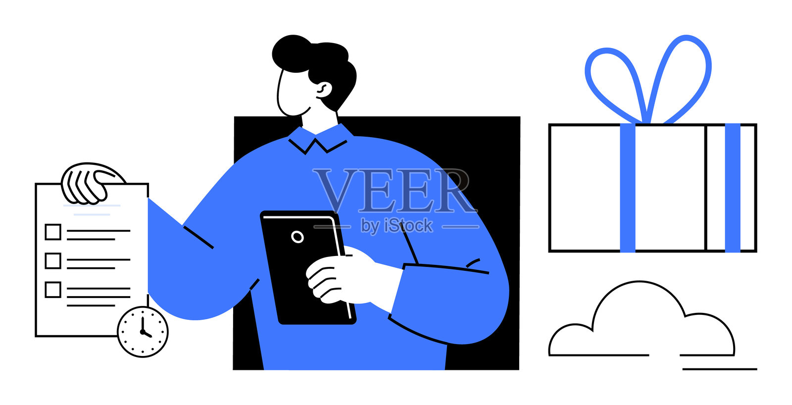 男人手持带有清单的平板电脑，礼品盒上系着丝带，时钟突显生产力和奖励。插画图片素材