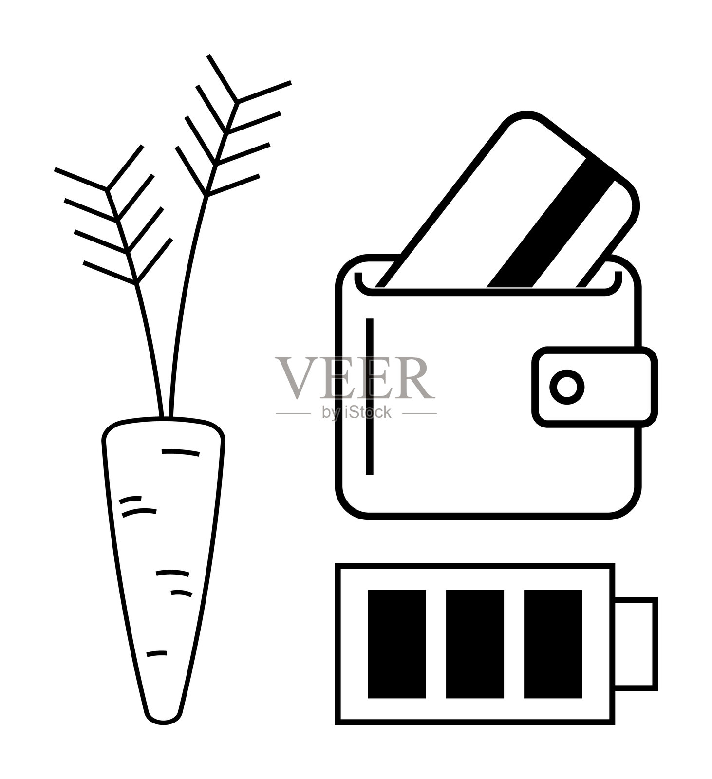 胡萝卜与钱包、信用卡和代表可持续性与财务增长的电池图标并排放置插画图片素材