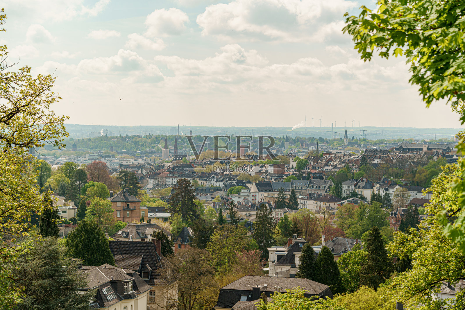 德国威斯巴登市，背景有许多建筑和葡萄园。照片摄影图片