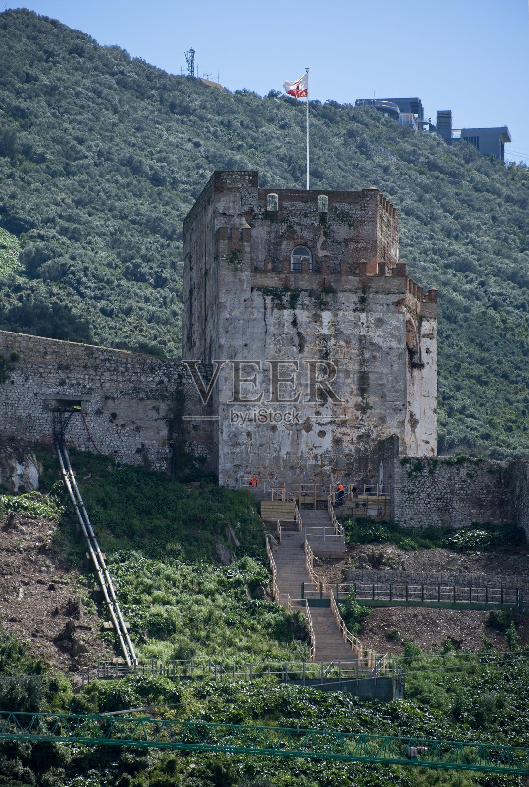 在直布罗陀散步。摩尔城堡。街道，建筑。城市生活。阳光明媚的春天。选择性对焦。照片摄影图片