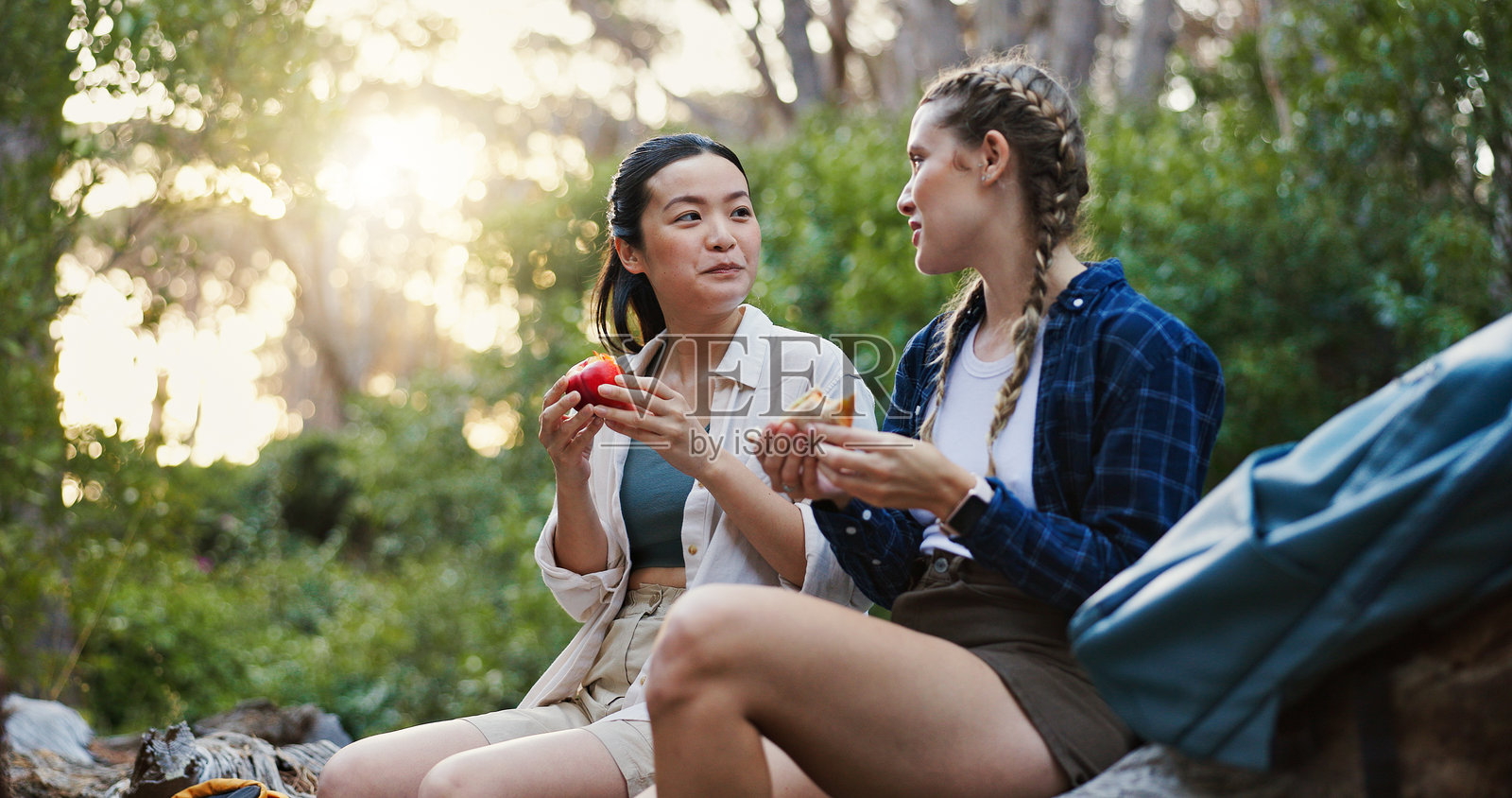与朋友在大自然中野餐、享用午餐，进行徒步冒险和公园旅行。女性们在森林中吃零食、交谈，享受放松与宁静的时光。照片摄影图片