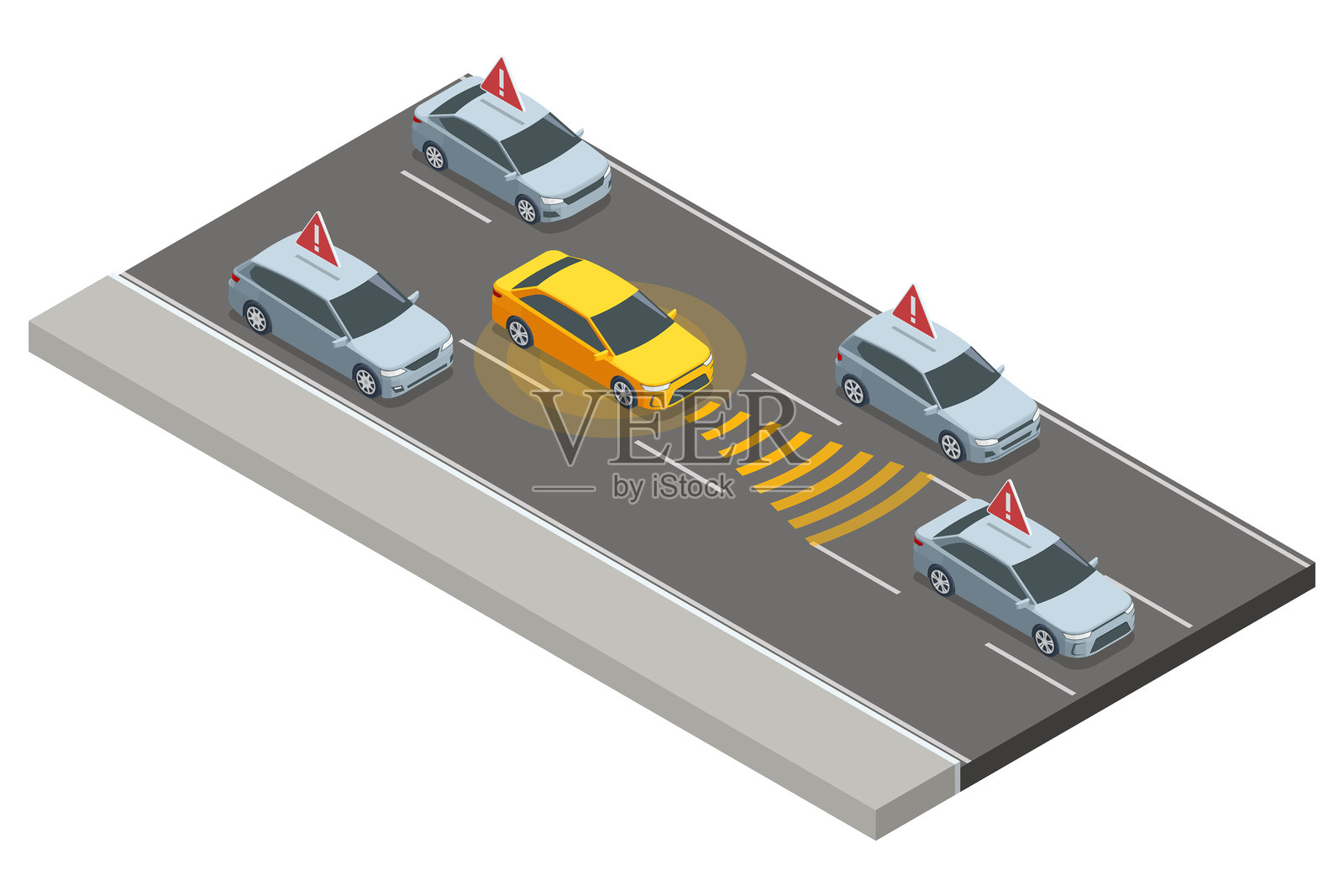 自主驾驶车辆互动的等距可视化。人工智能驱动的机器人汽车在繁忙的城市街道上导航，利用传感器扫描道路并相互交换数据。插画图片素材